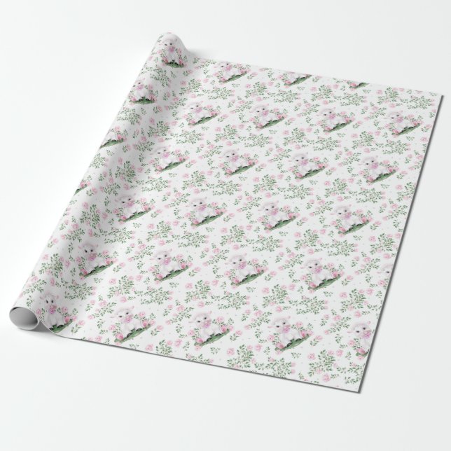 Lamb Rosa ros Blommigt Baby Shower Presentpapper (Utrullad)