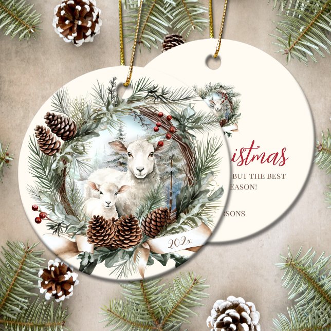 Lambs boskap rustik jul-andedräkt julgransprydnad keramik (Lambs farm animals rustic Christmas wreath Ceramic Ornament)