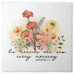 Lamentations 3:23 Hans meriter nya varje morgon Kakelplatta<br><div class="desc">Keramisk platta med inspirerande citattecken skildrar en underbar blomsterträdgård konst med enkel orange,  rosa och gula blommor och grönt löv,  den har Bible Verse Lamentations 3:23,  "Hans meriter är nya varje morgon."</div>