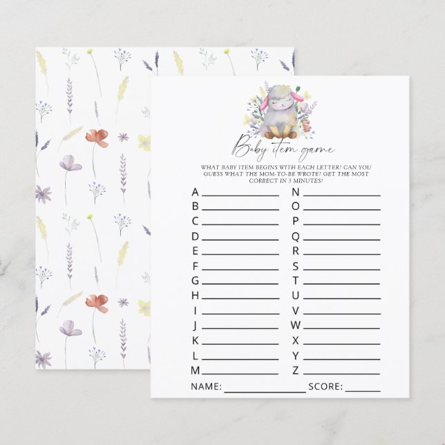 Lamm - Baby Item Game. Baby Shower Game (Fram/baksida)