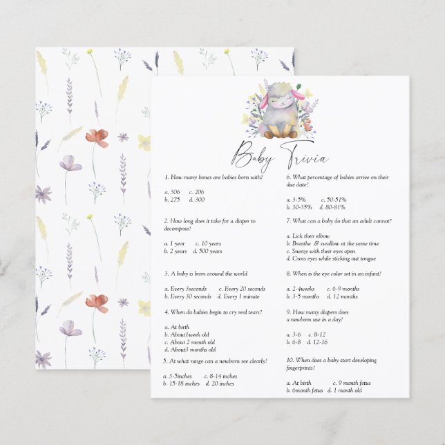 Lamm - Baby Trivia | Baby Shower Lek (Fram/baksida)