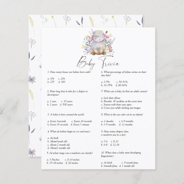 Lamm - Baby Trivia | Baby Shower-spel (Fram/baksida)