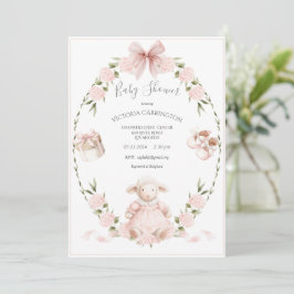 Lamm Blommiga Hortensior Rosa Flick Bebis Shower Inbjudningar