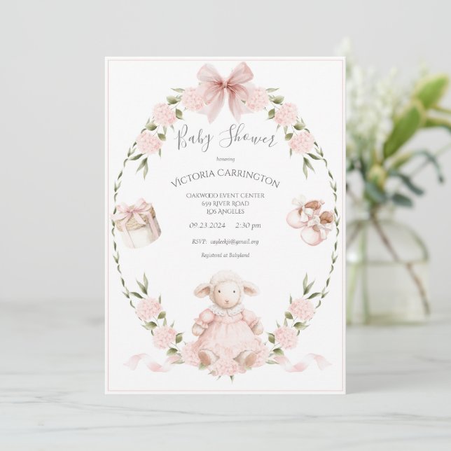 Lamm Blommiga Hortensior Rosa Flick Bebis Shower Inbjudningar (Stående Fram)