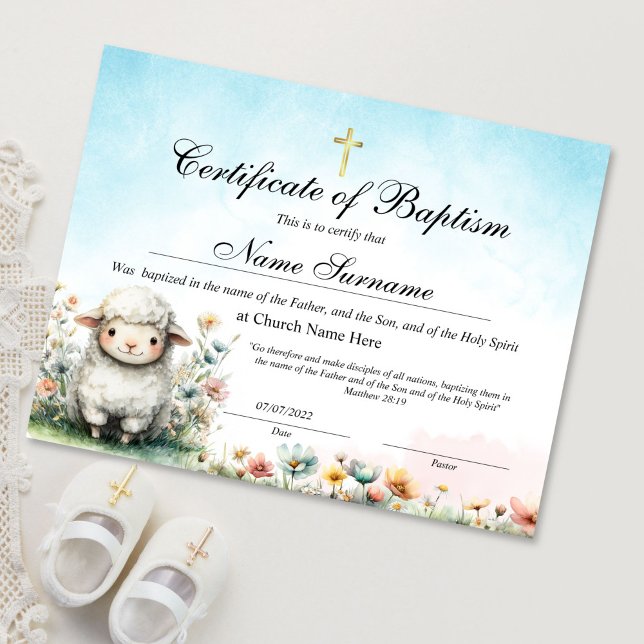 Lamm Dopbevis, Barnpresentation (certificate of baptism with cute lamb illustration)