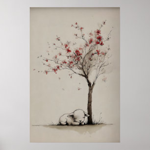 Lamm en blomstrande träd utskrivbar konst, minimal poster