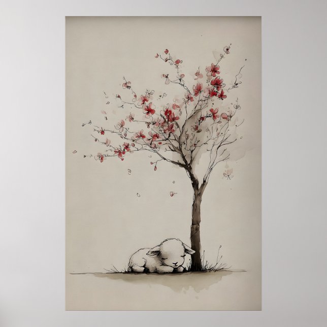 Lamm en blomstrande träd utskrivbar konst, minimal poster (Framsidan)