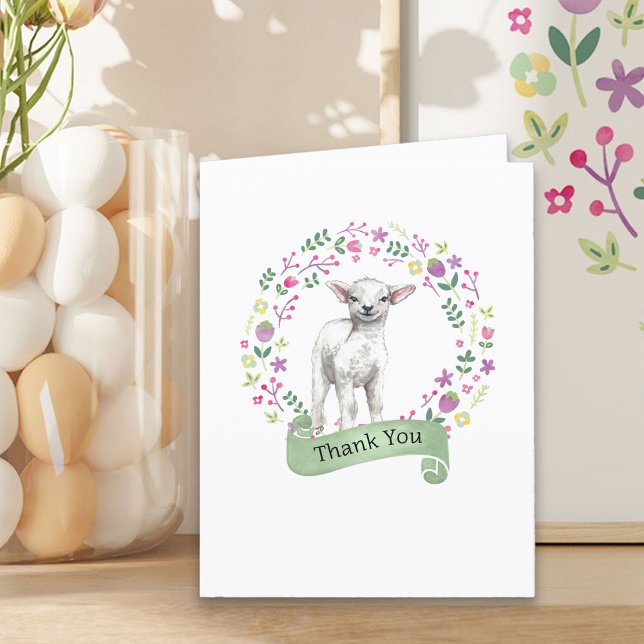 Lamm i klippbloms krans Söt tackkort (Spring Lamb Thank You Card from my Little Bunny & Little Lamb Baby Shower collection)