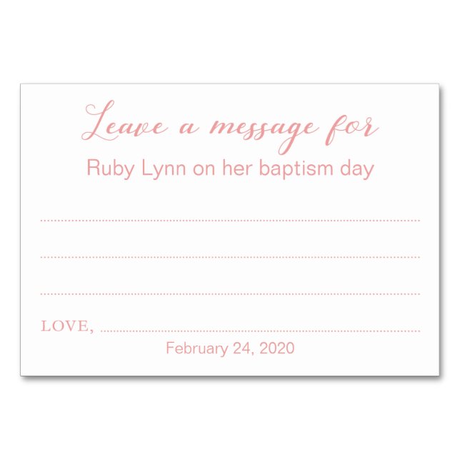 Lämna A Message Baptism Christening Cards Rosa Bordsnummer (Framsidan)