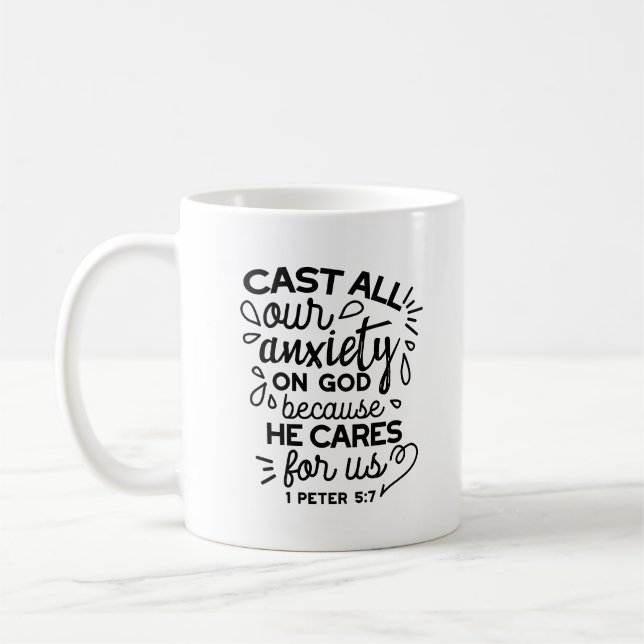 Lämna All Din Oro – 1 Petrus 5:7 Bibelvers Kaffemugg (Vänster)
