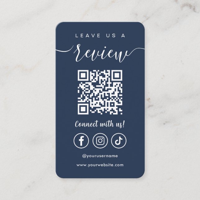 Lämna oss en QR-kod Social Media Navy Blue Visitkort (Framsida)