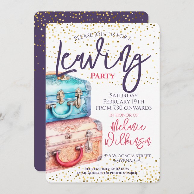 Lämnande av Party resning i resväskor Inbjudningar (Fram/baksida)