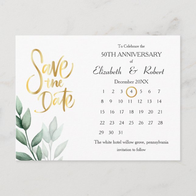 Lämnar 50-årsdagen Elegant Datumkalendern Meddelande Vykort (Framsida)