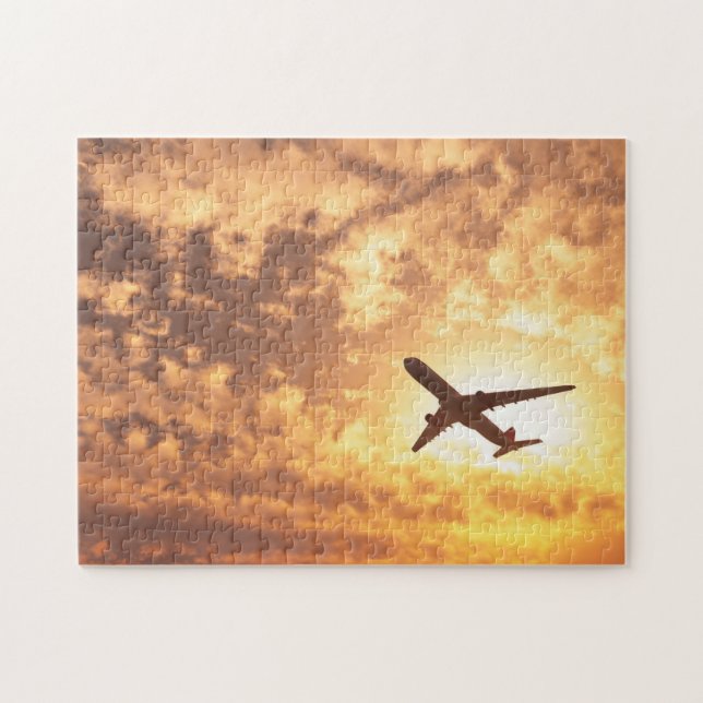 Lämnar på ett jetplan flygplan himmel solnedgång pussel (Horisontell)