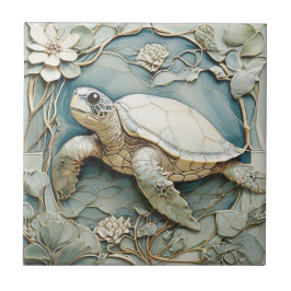 Lämnat art nouveau Faux Relief Ocean Sea Turtle Kakelplatta