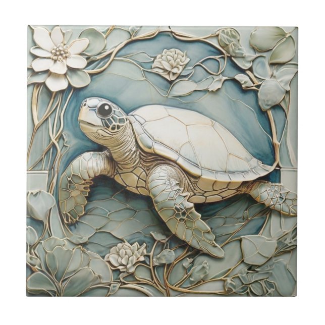 Lämnat art nouveau Faux Relief Ocean Sea Turtle Kakelplatta (Framsidan)