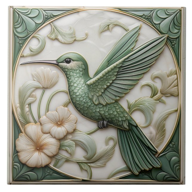 Lämnat Sage faux relief Art nouveau Hummingbird Kakelplatta (Framsidan)