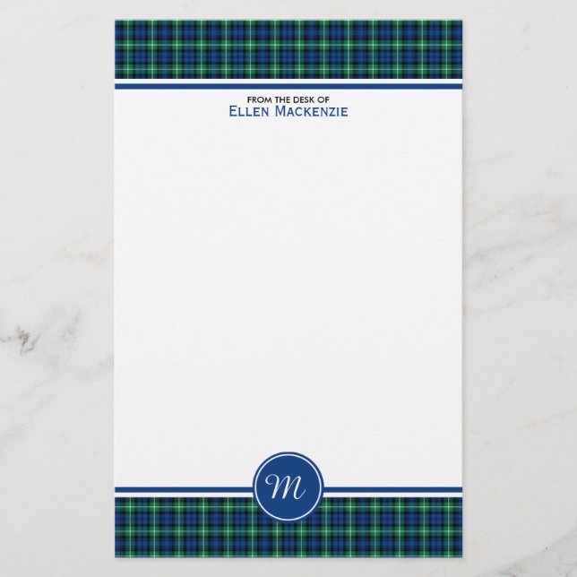 Lamont Klan Bright Blue och Grönt Tartan Monogram Brevpapper (Framsida)