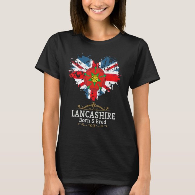 Lancashire Born & Bred Union Jack & Uk Röd ros T Shirt (Framsida)