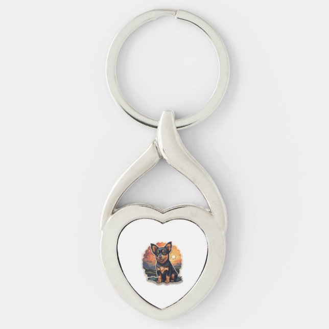 Lancashire Heeler vid sunset Twisted Heart Silverfärgad Nyckelring (Framsidan)