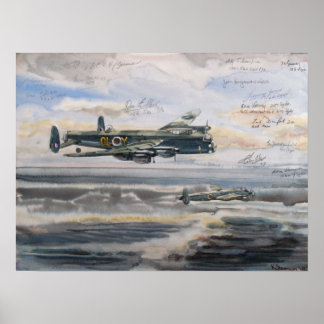 Lancaster-bomber över bombade u-båtspennor poster