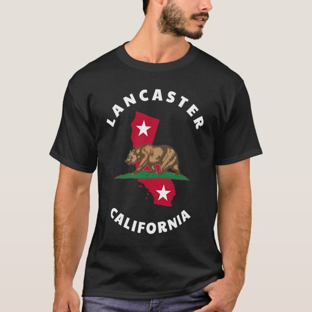 Lancaster California CA Flag and Bear Badge Souven T Shirt (Framsida)