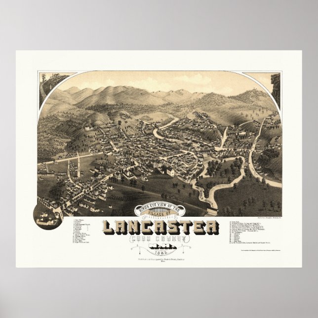 Lancaster, NH Panoramic Karta - 1883 Poster (Framsidan)