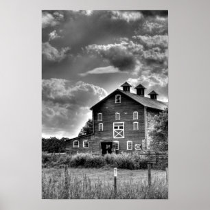 Land Barn Clouds in Black and White Poster