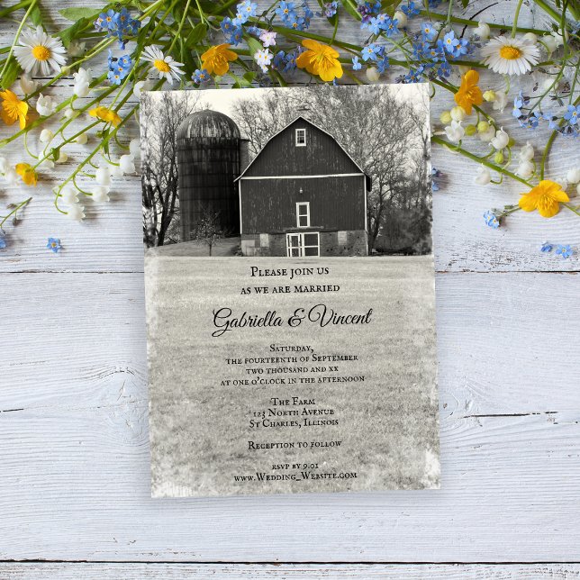 Land Barn Farm Bröllop Inbjudningar (Invite guests to your farm marriage ceremony with this Country Barn Wedding Invitation.)