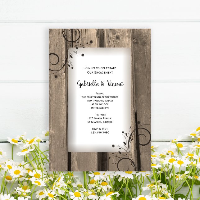 Land Barn Wood and Flowers Förlovningsfest Inbjudningar (Invite guests to your rustic barn party celebration with this charming engagement invitation.)