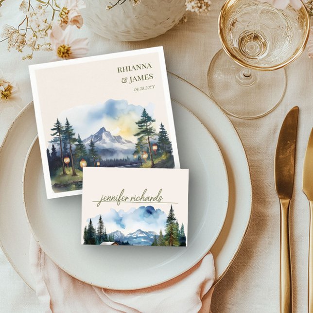 Land, bergsskogsvattenfärg placeringskort (Table Place Card from the Country Lake wedding collection by Darling & May)