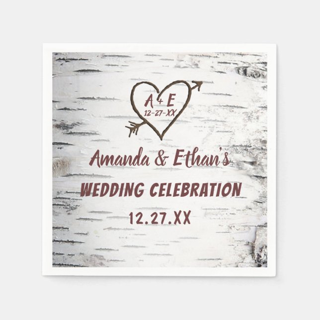 Land Birch Träd Bark Heart Arrow Rustic Bröllop Pappersservett (Framsidan)