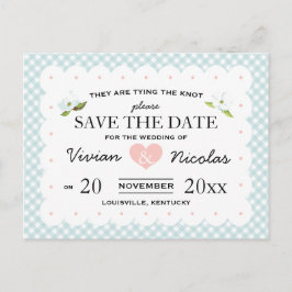 Land Blommigt Gingham Rosa Blue Save Date Meddelande Vykort