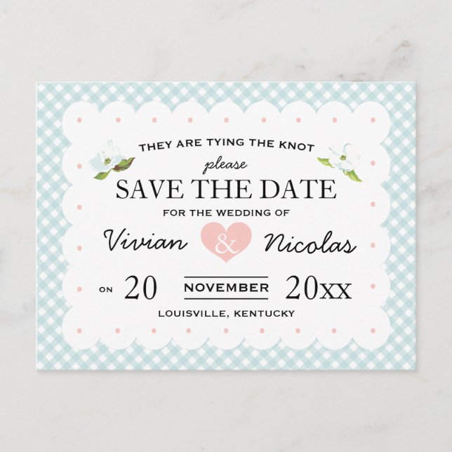Land Blommigt Gingham Rosa Blue Save Date Meddelande Vykort (Framsida)