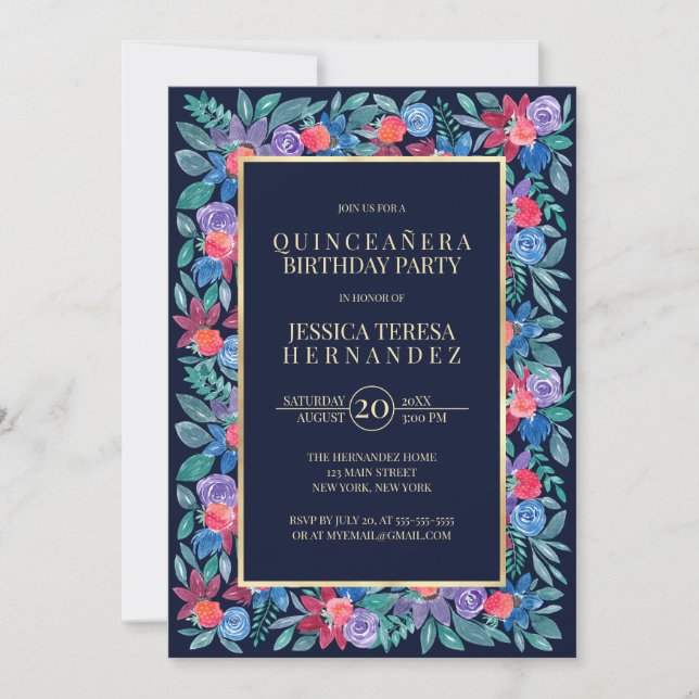 Land Blommigt Jordgubbar Watercolor Quinceañera Inbjudningar (Framsida)