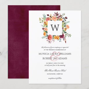 Land Bloom Autum Färg Blommigt Monogram Bröllop Inbjudningar