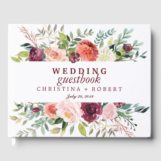 Land Bloom Burgundy Bröllop Personlig Flower Gästböcker (Framsida)