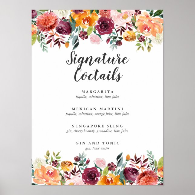 Land Bloom Burgundy Namnteckning Cocktail-meny Poster (Framsidan)