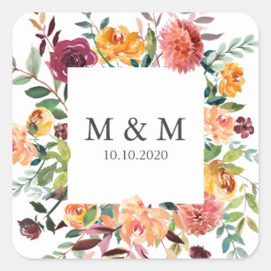 Land Bloom Ram Blommigt Chic Bröllop Monogram Fyrkantigt Klistermärke