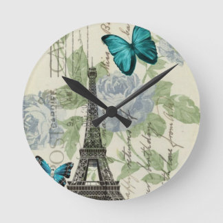 Land Blue blommigt butterfly paris eiffel torn Rund Klocka