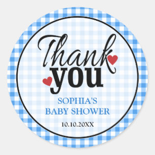 Land Blue Gingham Baby Shower Tack Runt Klistermärke