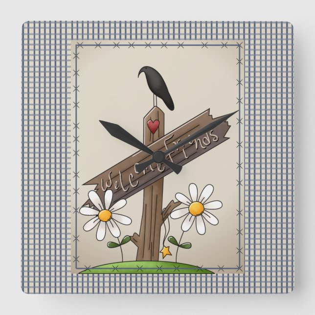 Land Blue Gingham Välkomstvänner Fyrkantig Klocka (Framsida)