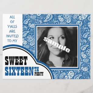 Land Blue Paisley Girl Photo Sweet 16:e Party Inbjudningar