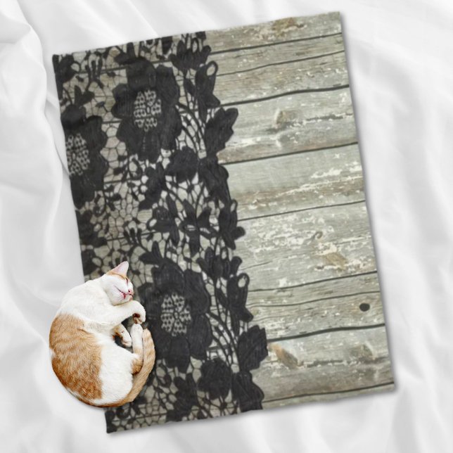 land bohemian Black snöre, rustik lingved Fleecefilt (country bohemian Black lace old rustic barn wood Fleece Blanket)