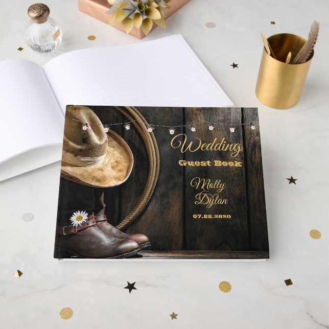 Land Boots Hat, Barn Wood Bröllop Guest Bok (Framsida Öppen)