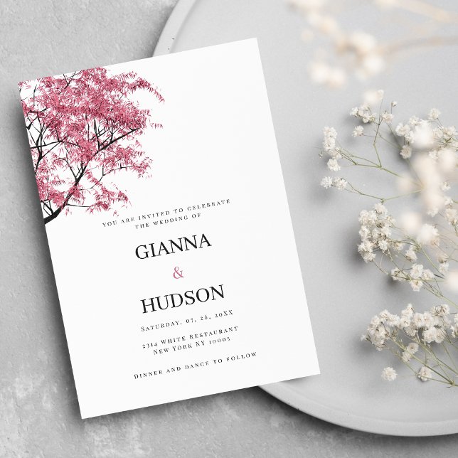 Land botaniskt rosa sakura träd foliage bröllop inbjudningar (Country botanic pink sakura tree foliage wedding)