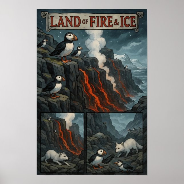 Land Brand & Ice - Puffins, Lava & Arktis Fox Poster (Framsidan)