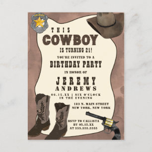 Land Brown Cowboy Watercolor Birthday Inbjudan Vykort