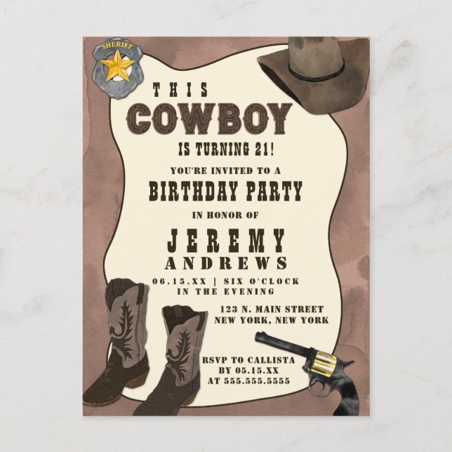 Land Brown Cowboy Watercolor Birthday Inbjudan Vykort (Framsida)
