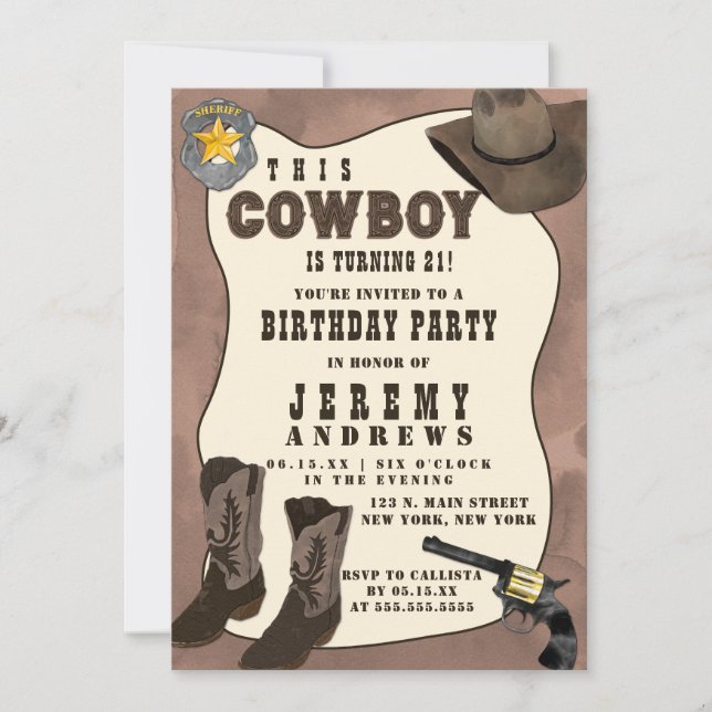 Land Brown Cowboy Watercolor Birthday Inbjudningar (Framsida)